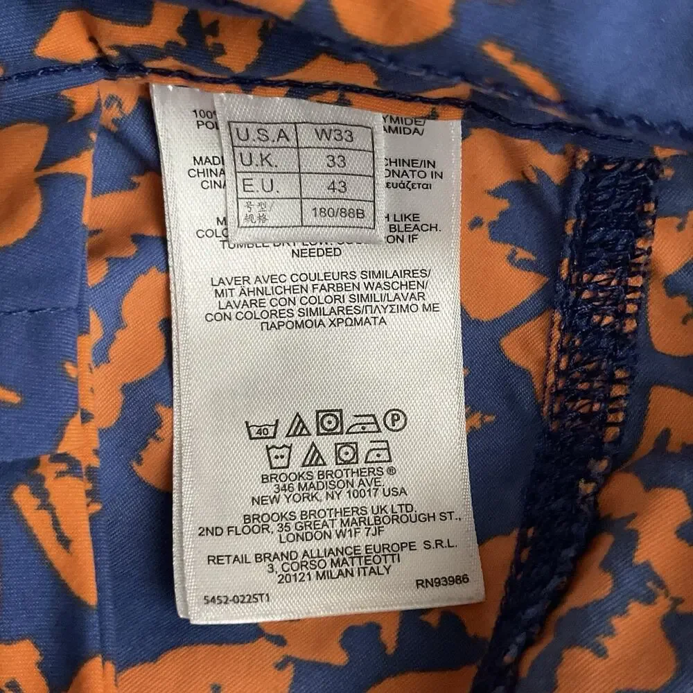 Brooks Brothers Mens Size 33 Swim Trunks Blue Orange Floral Print Hook & Loop